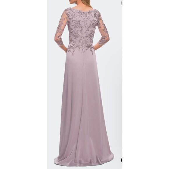 La Femme Jersey Gown with Boat Neckline and Lace Detailing in Light Mauve NWT Si - Picture 2 of 7